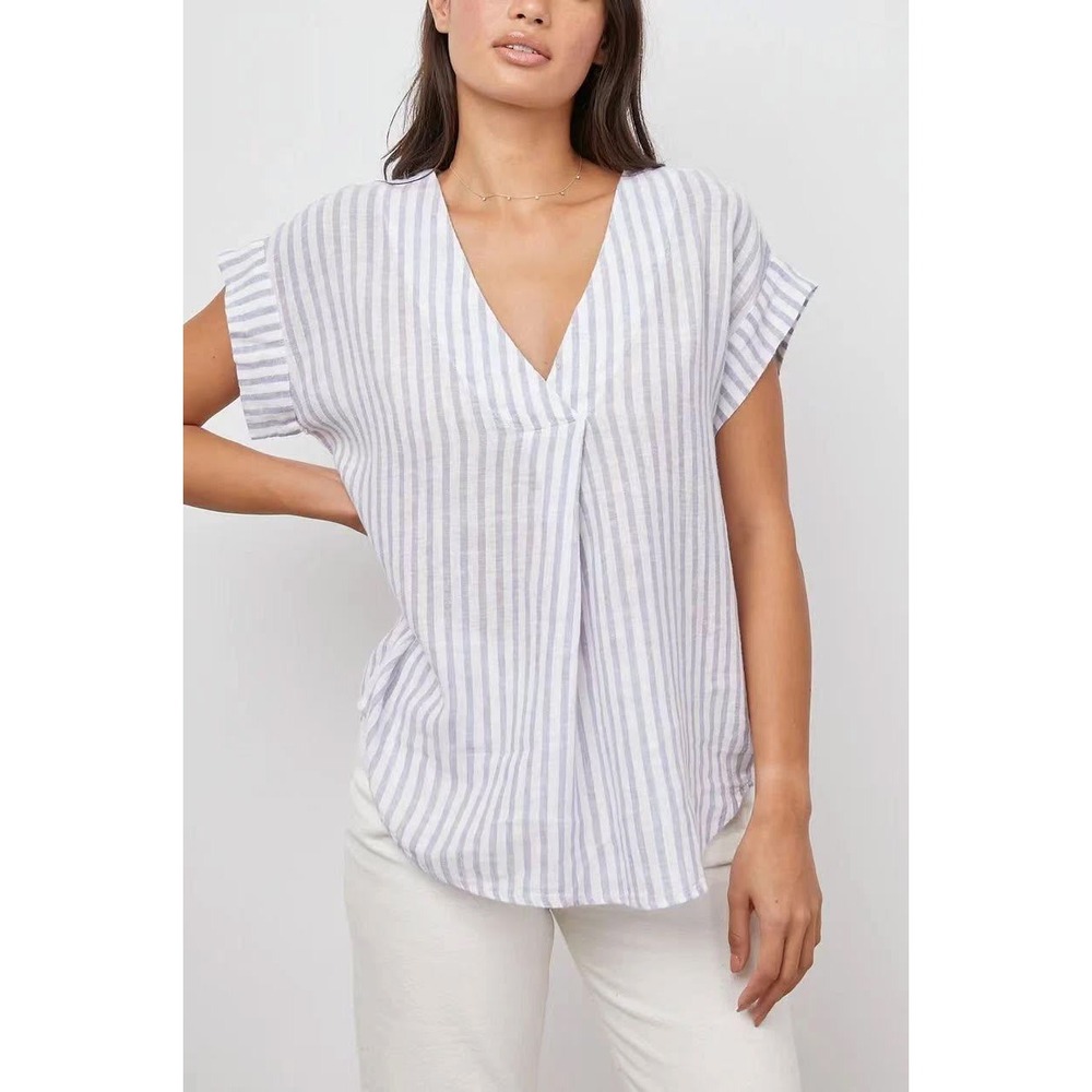 Rails Nala Top Womens M Linen Blend Blue Stripe Coastal Lightweight Relaxed